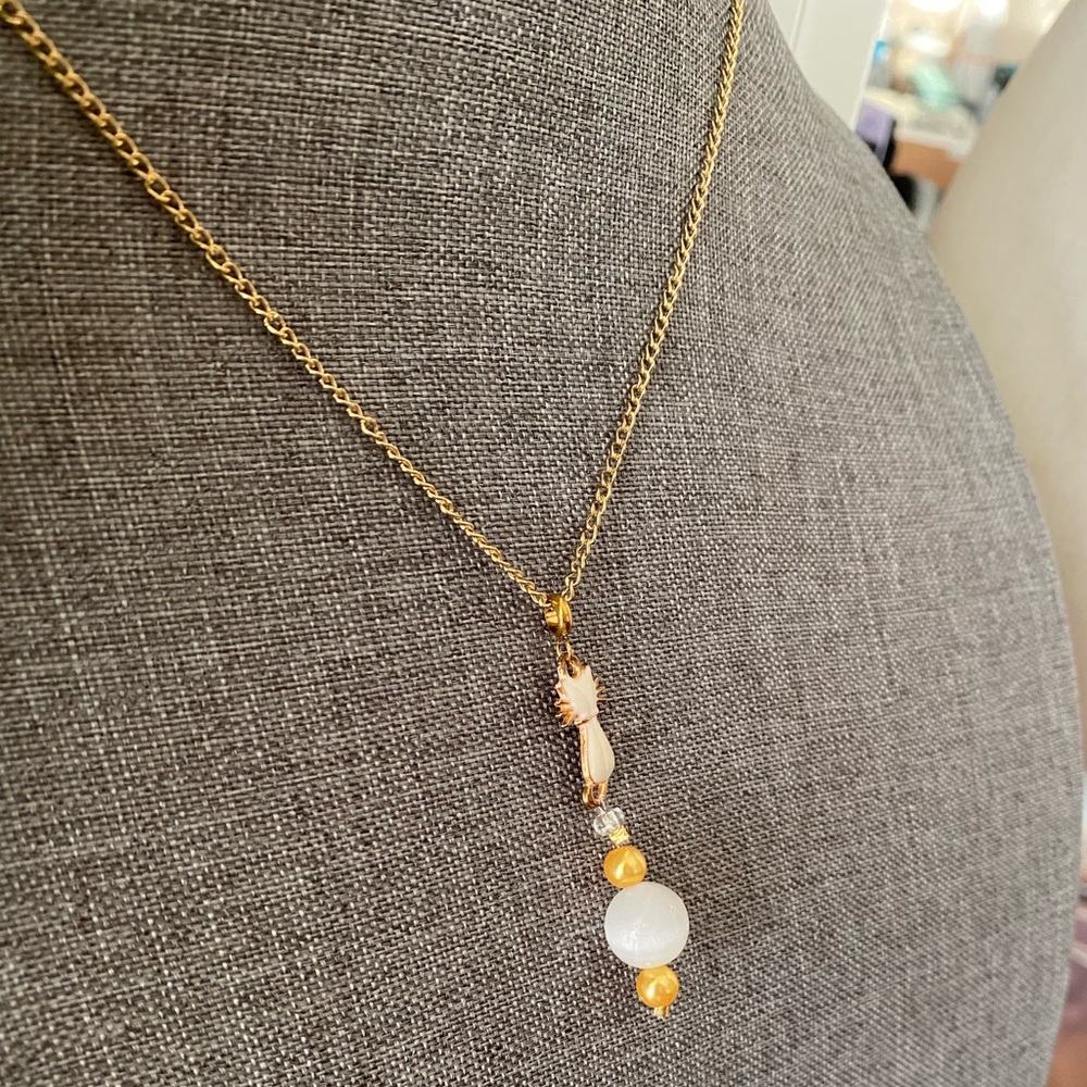 Healing Selenite & Gold Glass Bead Kitty Cat Crystal Charm Necklace White Witch - Picture 3 of 5